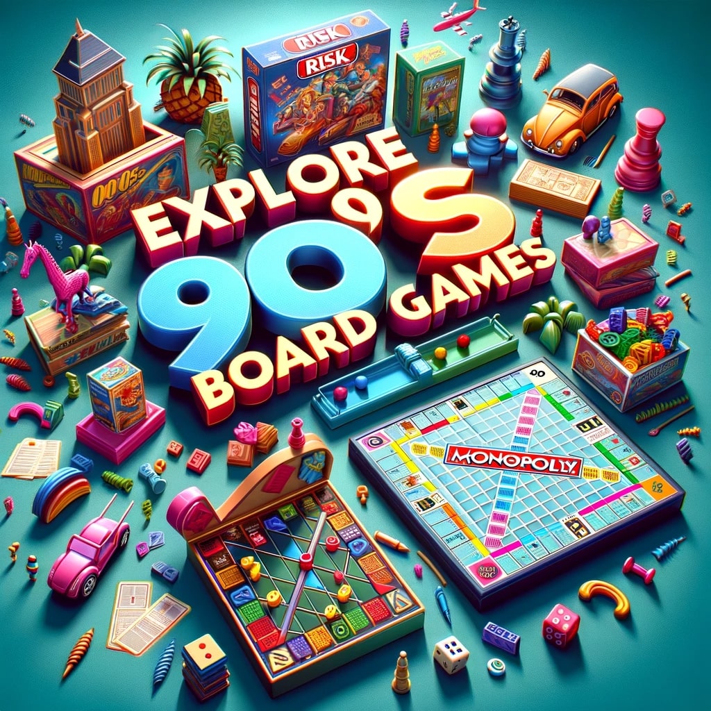 Colorful and dynamic visuals of popular 1990s board games like Risk, Scrabble, and Monopoly, presented in a vibrant, three-dimensional style.